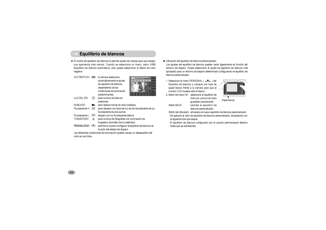 Samsung EC-L73ZZSBA/E1, EC-L73ZZSBA/DE, EC-L73ZZBBA/E1 Equilibrio de blancos, Automático, Luz Del Día, Nublado, Tungsteno 