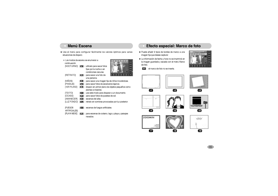 Samsung EC-L73ZZSBA/DE, EC-L73ZZBBA/E1, EC-L73ZZBBA/DE, EC-L73ZZSBA/E1 manual Menú Escena, Efecto especial Marco de foto 