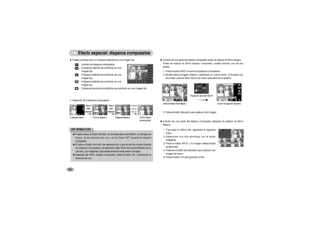 Samsung EC-L73ZZBBA/E1, EC-L73ZZSBA/DE, EC-L73ZZBBA/DE, EC-L73ZZSBA/E1 manual Efecto especial disparos compuestos 