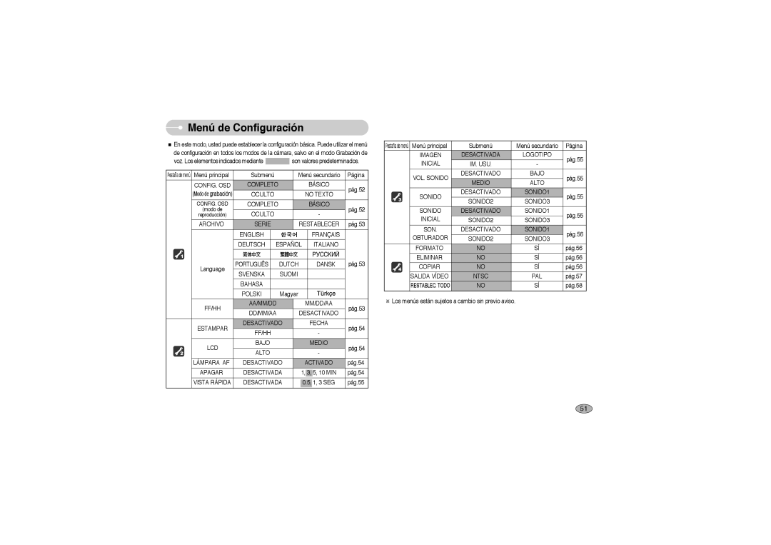 Samsung EC-L73ZZSBA/DE, EC-L73ZZBBA/E1, EC-L73ZZBBA/DE, EC-L73ZZSBA/E1 manual Menú de Configuración 