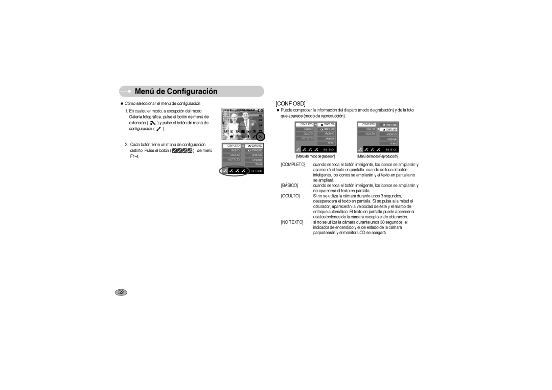 Samsung EC-L73ZZBBA/E1, EC-L73ZZSBA/DE, EC-L73ZZBBA/DE, EC-L73ZZSBA/E1 manual Conf OSD 