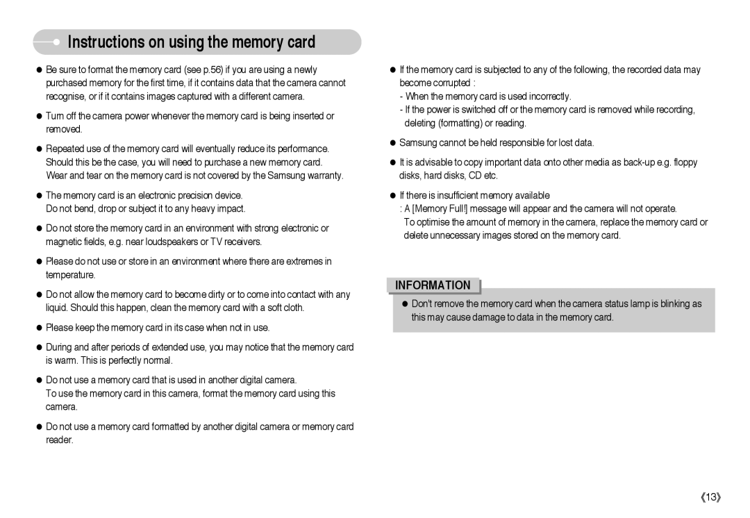 Samsung EC-L73ZZSBA/GB, EC-L73ZZSBA/DE, EC-L73ZZSBA/FR, EC-L73ZZBBB/FR, EC-L73ZZBBA/FR Instructions on using the memory card 