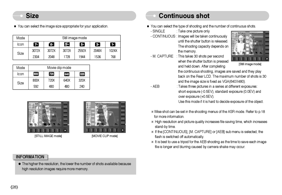 Samsung EC-L73ZZBAA, EC-L73ZZSBA/DE, EC-L73ZZSBA/FR, EC-L73ZZBBB/FR, EC-L73ZZBBA/FR manual Size, Continuous shot, Capture, Aeb 