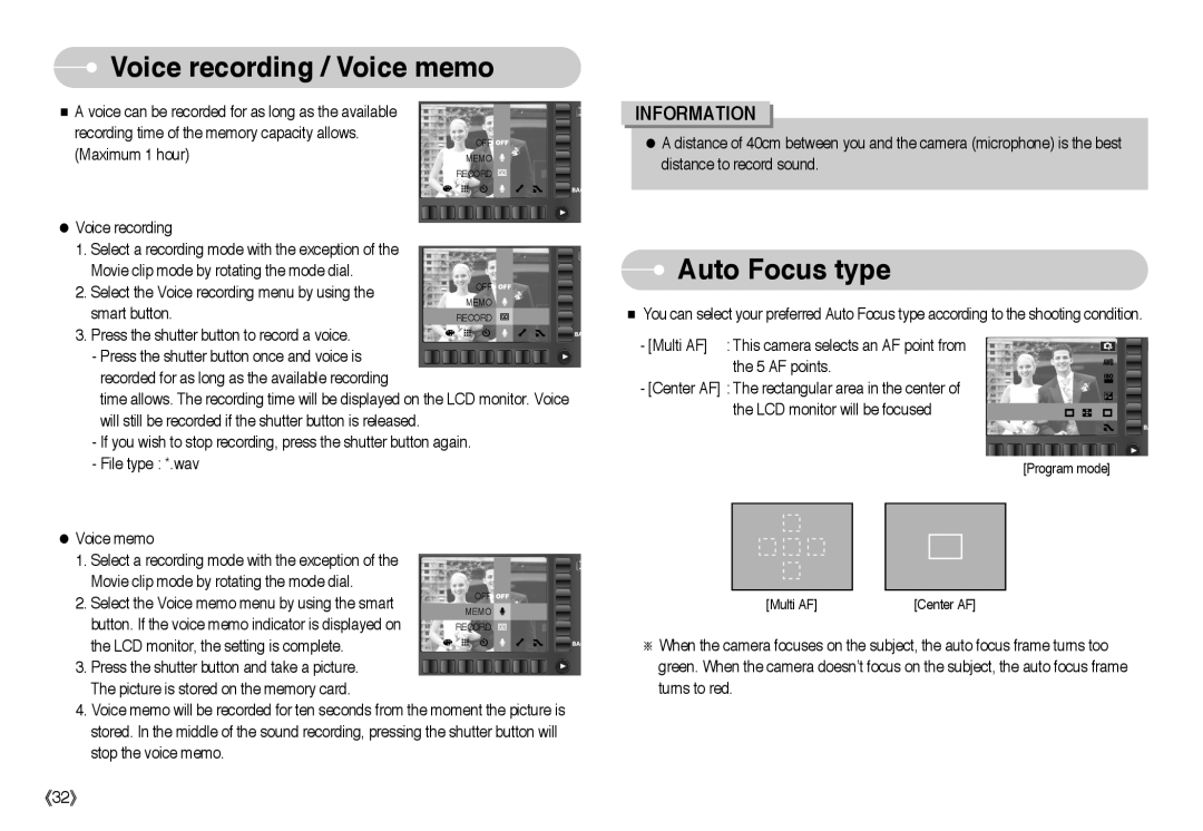 Samsung EC-L73ZZSBD/E1, EC-L73ZZSBA/DE, EC-L73ZZSBA/FR, EC-L73ZZBBB/FR manual Voice recording / Voice memo, Auto Focus type 