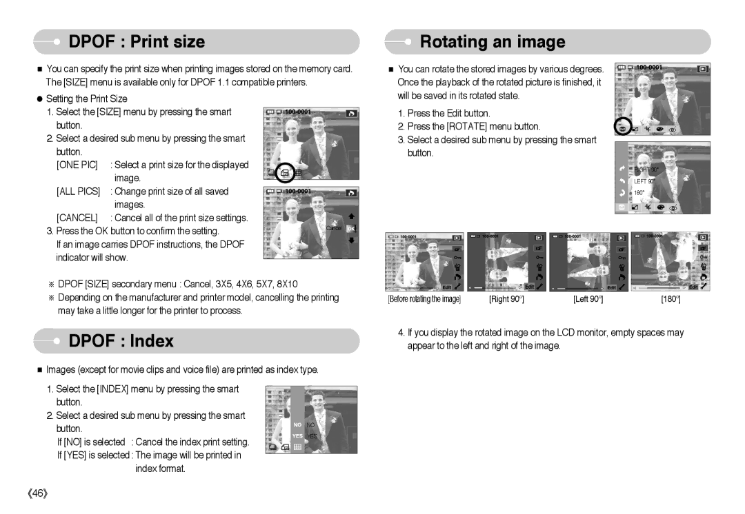 Samsung EC-L73ZZSBB/E1, EC-L73ZZSBA/DE, EC-L73ZZSBA/FR, EC-L73ZZBBB/FR manual Dpof Print size, Dpof Index, Rotating an image 