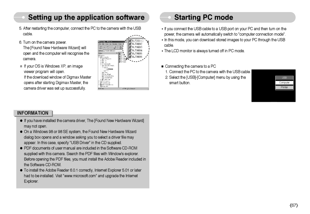 Samsung EC-L73ZZSBA/TW, EC-L73ZZSBA/DE, EC-L73ZZSBA/FR, EC-L73ZZBBB/FR, EC-L73ZZBBA/FR, EC-L73ZZBBA/E1 manual Starting PC mode 