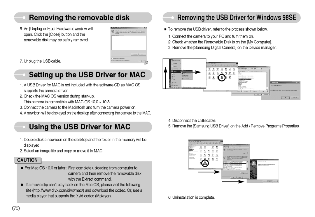 Samsung EC-L73ZZSBG/E1, EC-L73ZZSBA/DE, EC-L73ZZSBA/FR manual Setting up the USB Driver for MAC, Using the USB Driver for MAC 