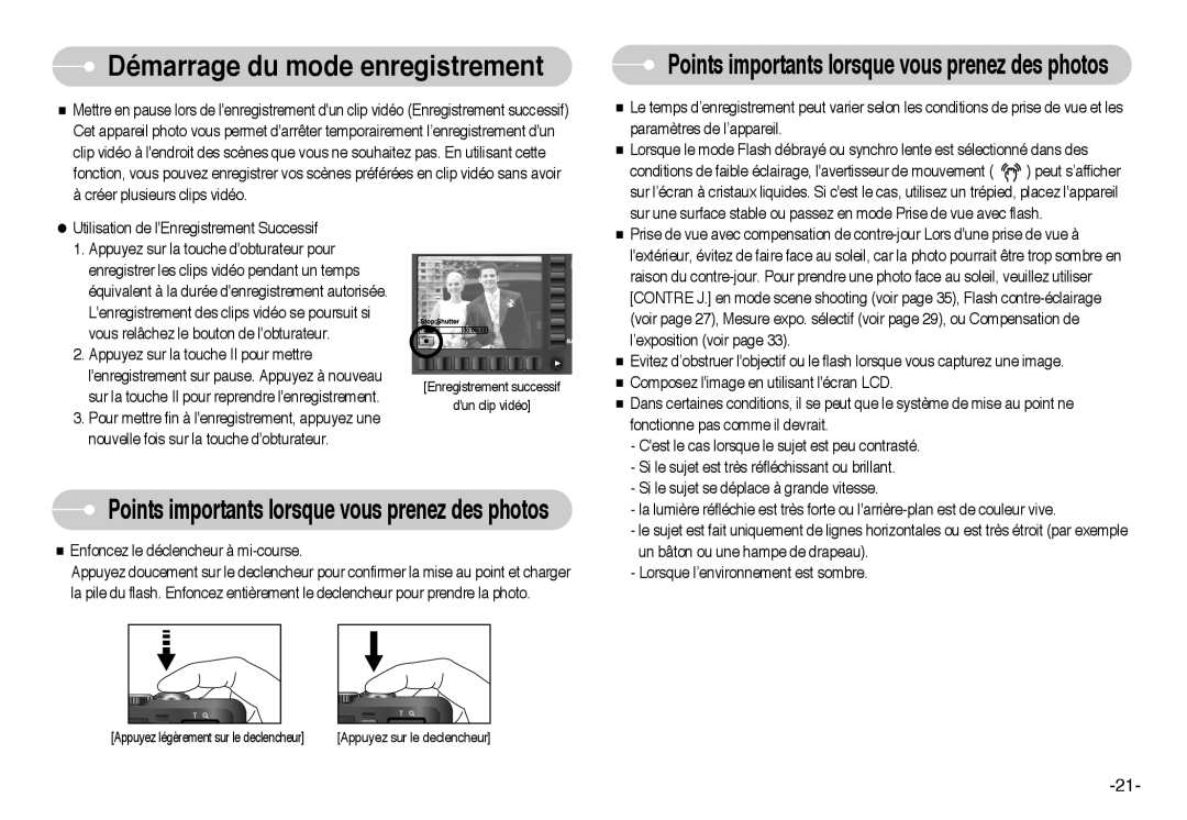 Samsung EC-L73ZZSBA/FR, EC-L73ZZSBA/DE, EC-L73ZZBBB/FR, EC-L73ZZBBA/FR manual Points importants lorsque vous prenez des photos 