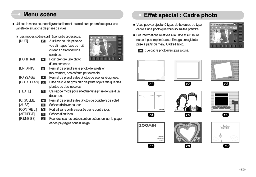 Samsung EC-L73ZZSBA/FR, EC-L73ZZSBA/DE, EC-L73ZZBBB/FR, EC-L73ZZBBA/FR, EC-L73ZZBBA/E1 Menu scène, Effet spécial Cadre photo 