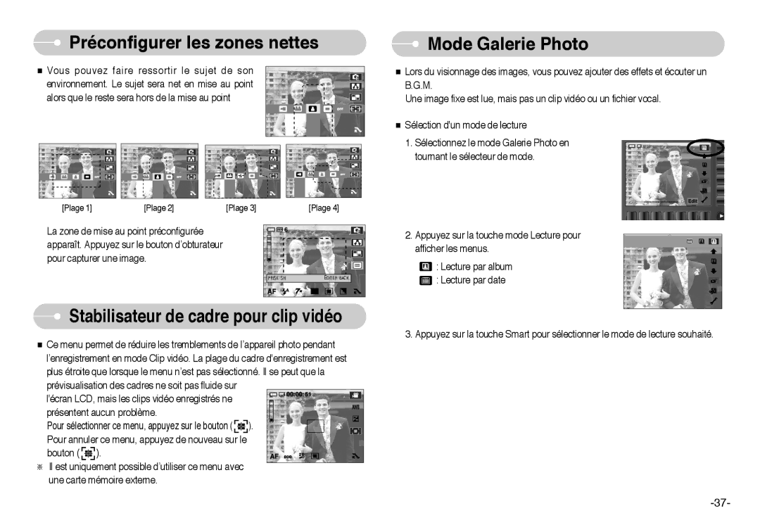 Samsung EC-L73ZZBBA/FR, EC-L73ZZSBA/DE, EC-L73ZZSBA/FR, EC-L73ZZBBB/FR Préconfigurer les zones nettes, Mode Galerie Photo 