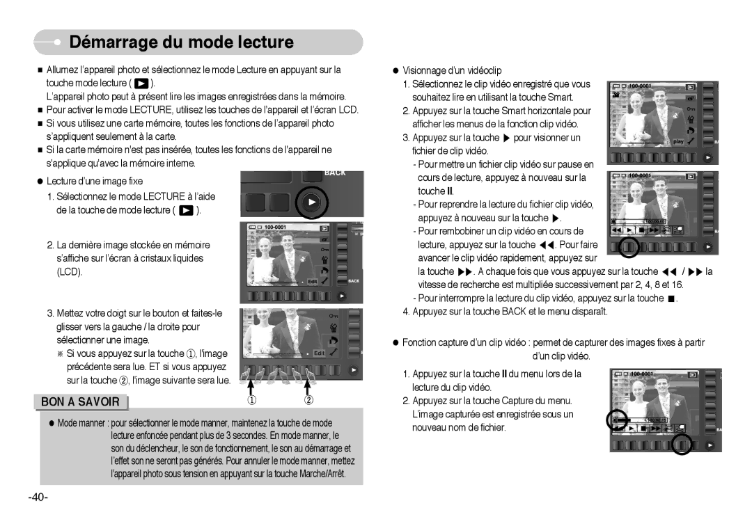 Samsung EC-L73ZZSBA/E1, EC-L73ZZSBA/DE, EC-L73ZZSBA/FR, EC-L73ZZBBB/FR, EC-L73ZZBBA/FR manual Démarrage du mode lecture 