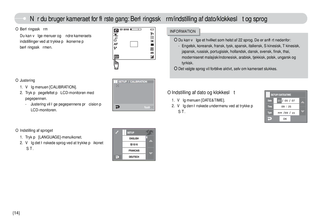 Samsung EC-L74WZSBA/FI, EC-L74WZSBA/DE, EC-L74WZBBA/DE, EC-L74WZBBA/DK, EC-L74WZBBB/E2 manual Indstilling af dato og klokkeslæt 