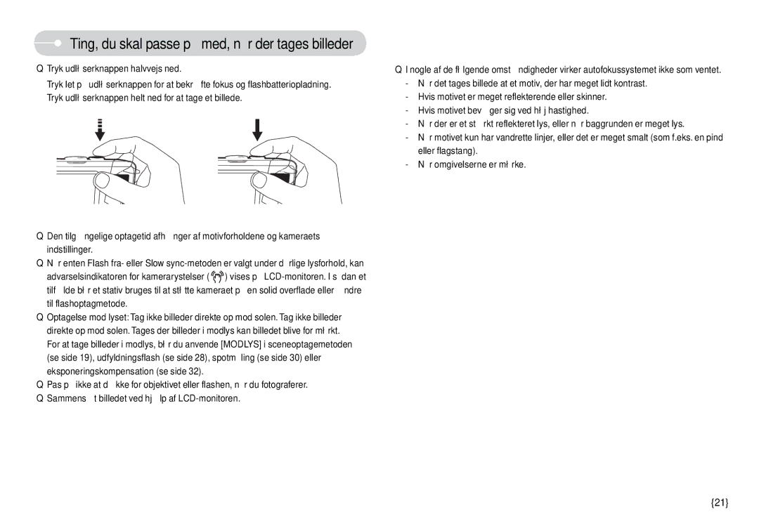 Samsung EC-L74WZSBC/E2, EC-L74WZSBA/DE, EC-L74WZBBA/DE manual Tryk udløserknappen halvvejs ned, Til flashoptagmetode 