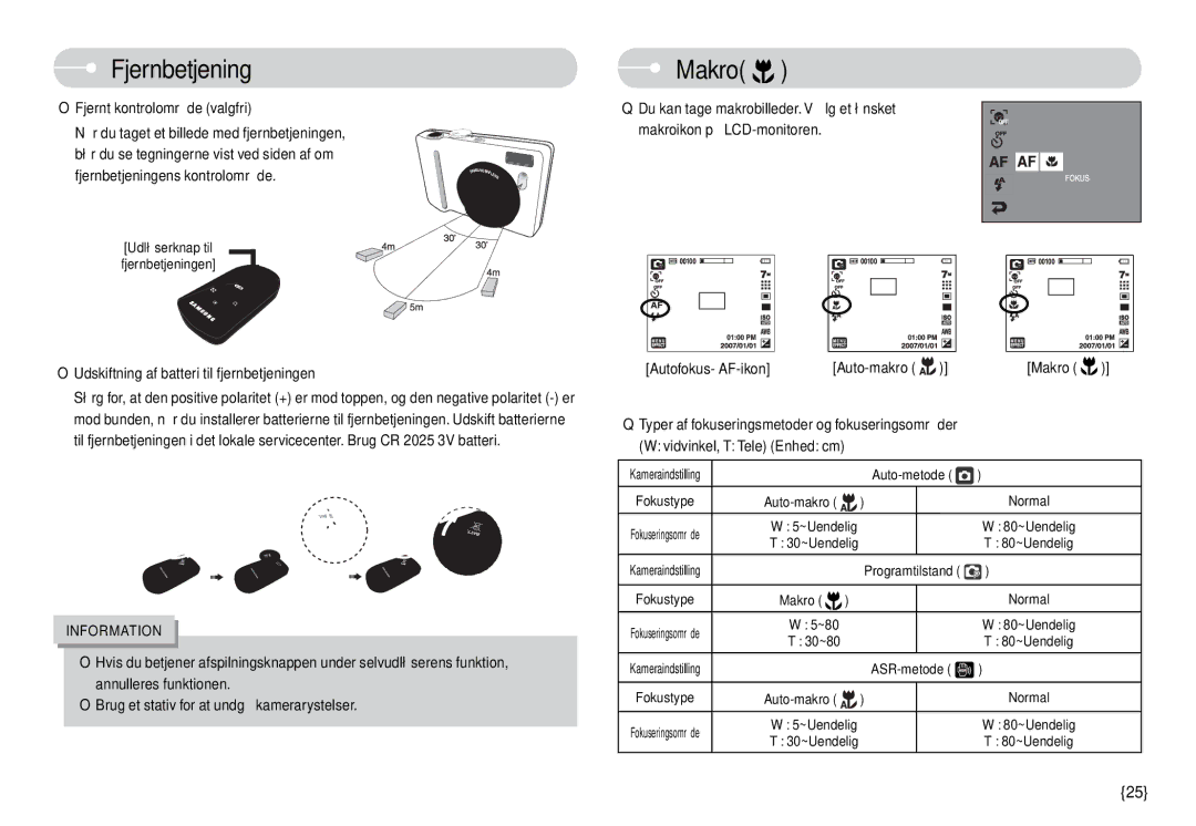 Samsung EC-L74WZBBA/FI Fjernbetjening, Makro, Fjernt kontrolområde valgfri, Udskiftning af batteri til fjernbetjeningen 