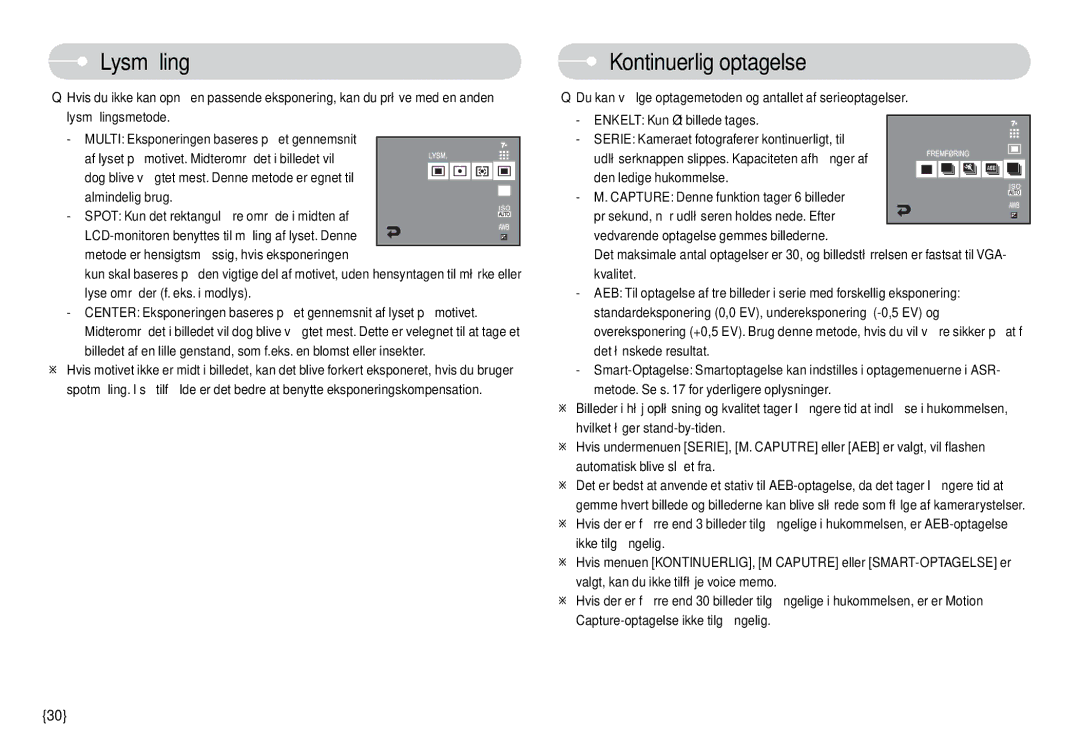 Samsung EC-L74WZSBC/E2, EC-L74WZSBA/DE, EC-L74WZBBA/DE, EC-L74WZBBA/DK, EC-L74WZBBB/E2 manual Lysmåling, Kontinuerlig optagelse 