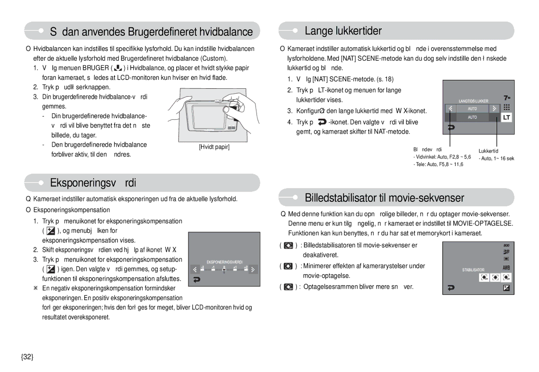 Samsung EC-L74WZSBA/FI, EC-L74WZSBA/DE manual Eksponeringsværdi, Lange lukkertider, Billedstabilisator til movie-sekvenser 