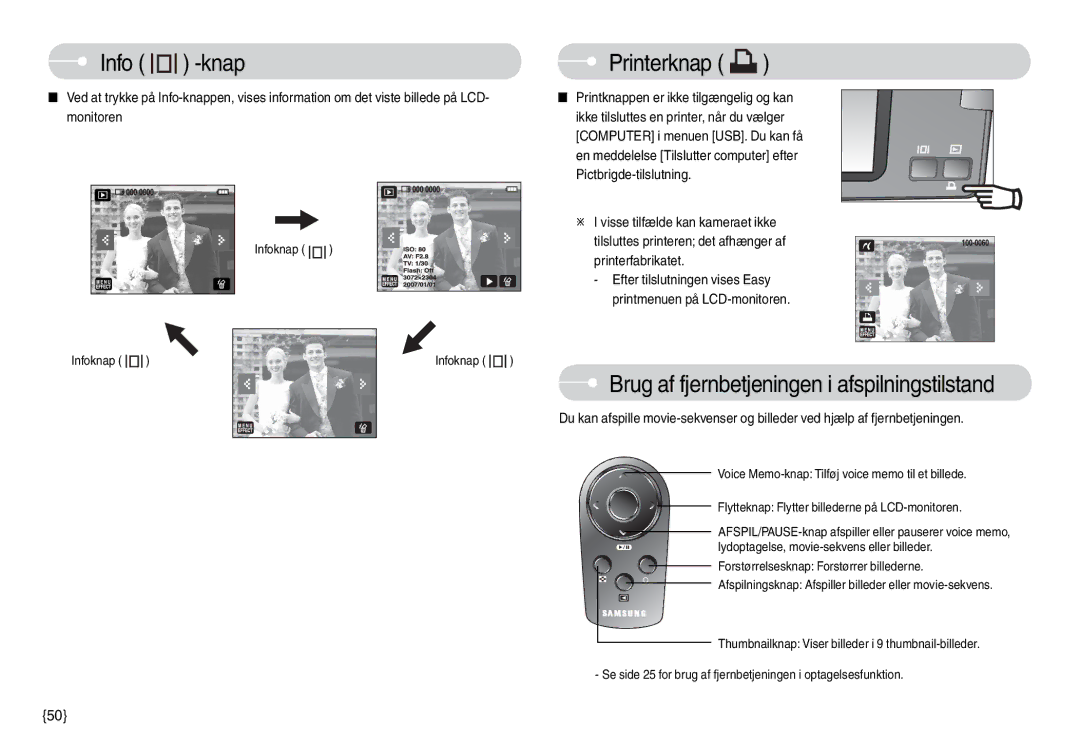 Samsung EC-L74WZSBA/FI, EC-L74WZSBA/DE, EC-L74WZBBA/DE manual Printerknap, Brug af fjernbetjeningen i afspilningstilstand 