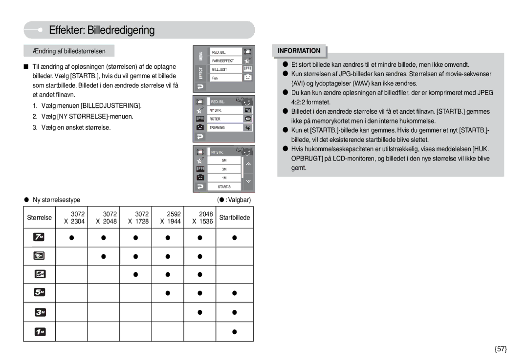 Samsung EC-L74WZSBC/E2 Effekter Billedredigering, Ændring af billedstørrelsen, 3072 2592 2048, 2304 2048 1728 1944 1536 