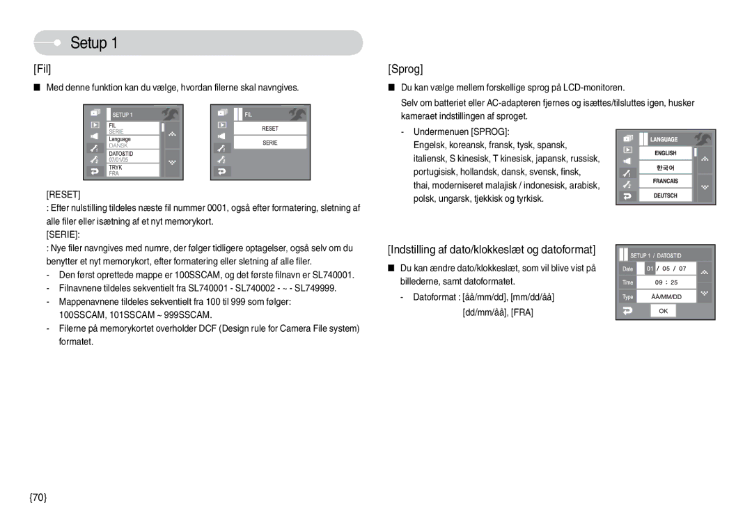 Samsung EC-L74WZBBA/FI, EC-L74WZSBA/DE, EC-L74WZBBA/DE, EC-L74WZBBA/DK, EC-L74WZBBB/E2, EC-L74WZSBC/E2 manual Setup, Fil 