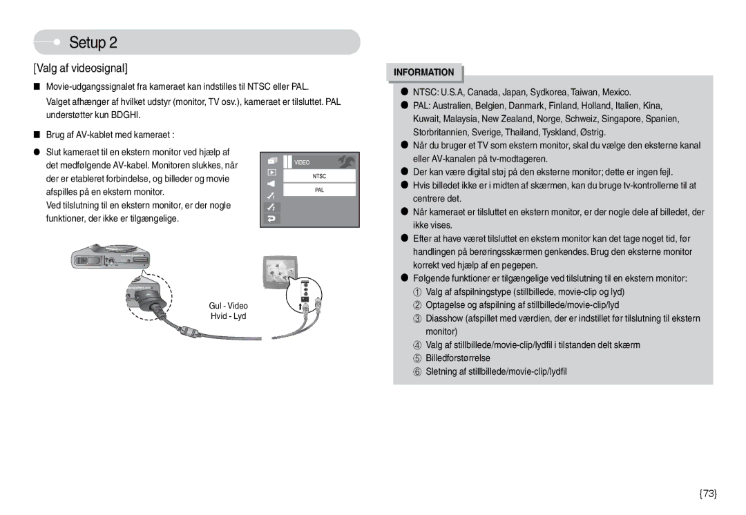 Samsung EC-L74WZBBA/DK, EC-L74WZSBA/DE manual Valg af videosignal, Ntsc U.S.A, Canada, Japan, Sydkorea, Taiwan, Mexico 