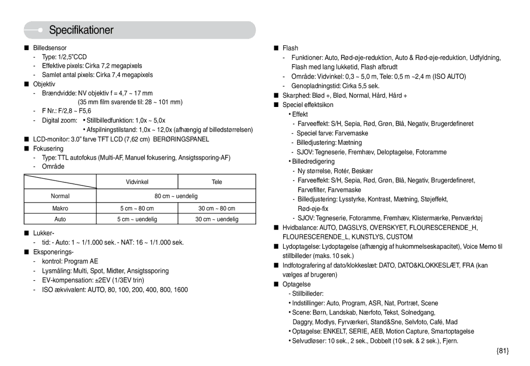 Samsung EC-L74WZBBA/DE, EC-L74WZSBA/DE, EC-L74WZBBA/DK, EC-L74WZBBB/E2 Specifikationer, FLOURESCERENDEL, KUNSTLYS, Custom 