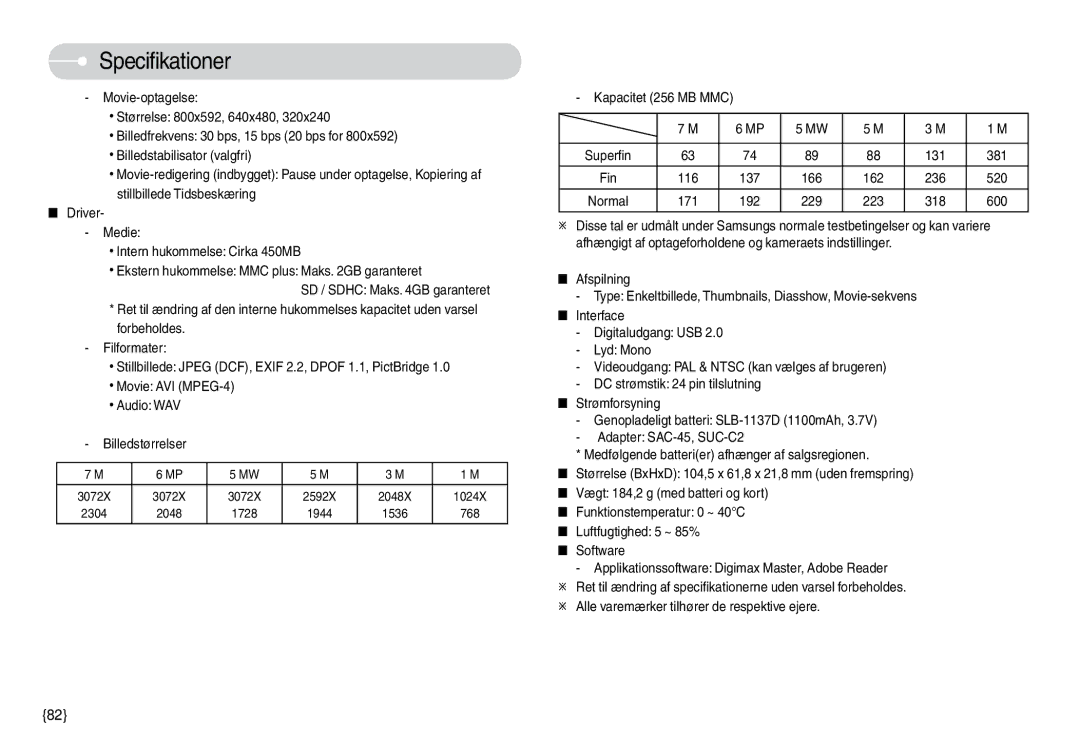 Samsung EC-L74WZBBA/DK, EC-L74WZSBA/DE, EC-L74WZBBA/DE, EC-L74WZBBB/E2 manual Kapacitet 256 MB MMC, 131 381, 236 520, 318 600 