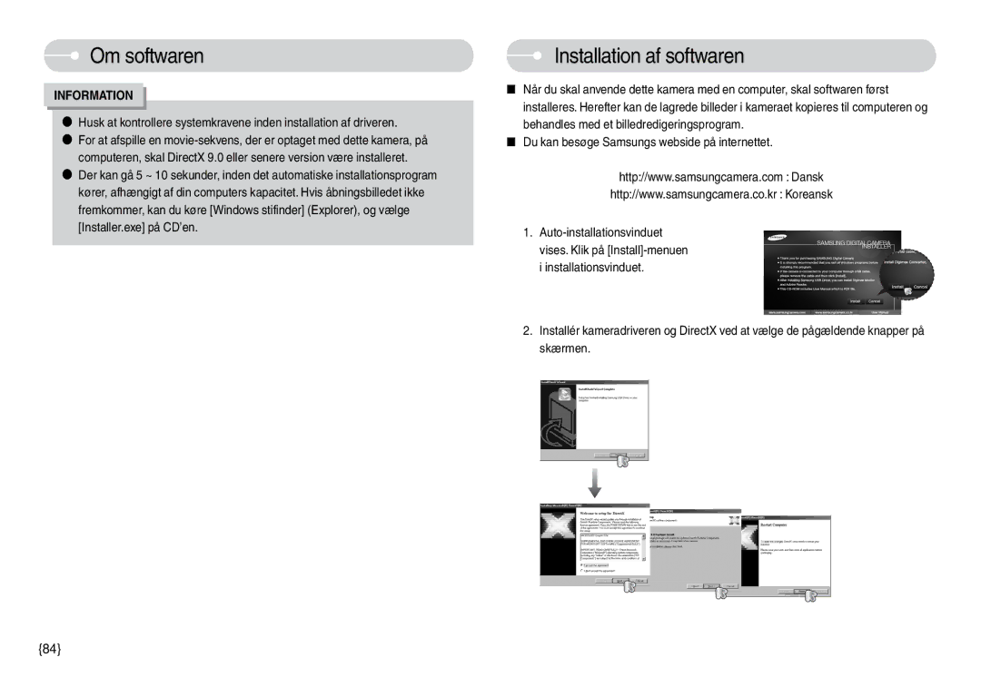 Samsung EC-L74WZSBC/E2, EC-L74WZSBA/DE manual Installation af softwaren, Du kan besøge Samsungs webside på internettet 