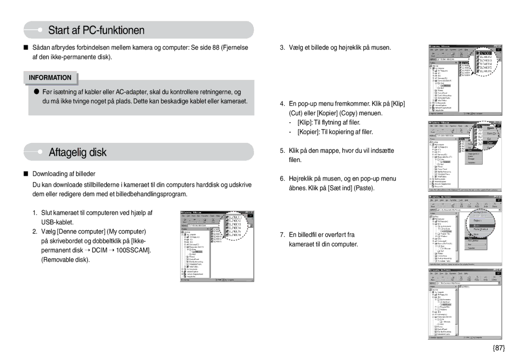 Samsung EC-L74WZSBB/E2 manual Aftagelig disk, Downloading af billeder, Slut kameraet til computeren ved hjælp af USB-kablet 