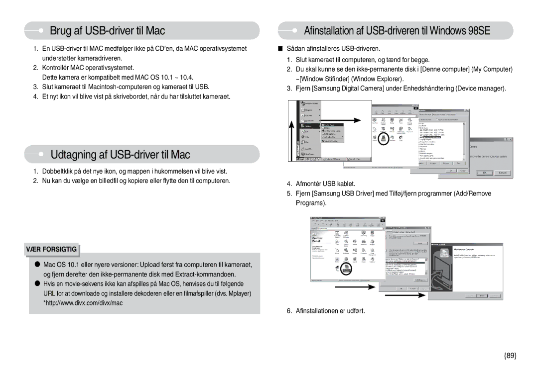 Samsung EC-L74WZSBA/DE, EC-L74WZBBA/DE, EC-L74WZBBA/DK manual Brug af USB-driver til Mac, Udtagning af USB-driver til Mac 