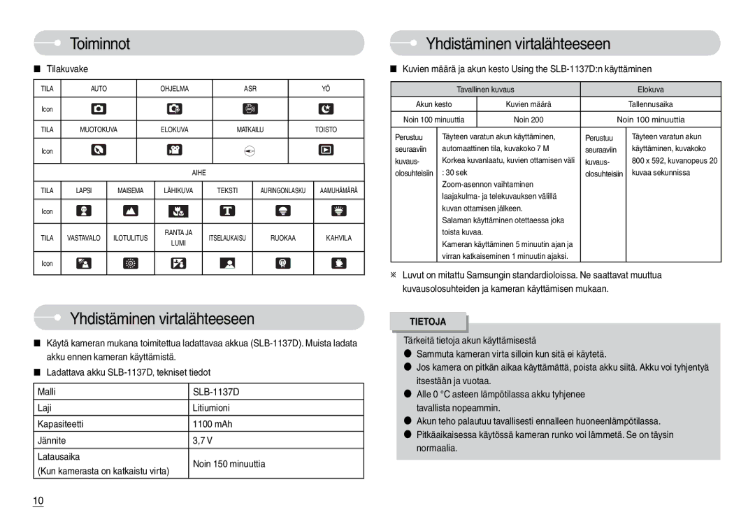 Samsung EC-L74WZBBA/DK, EC-L74WZSBA/DE, EC-L74WZBBA/DE, EC-L74WZBBB/E2 manual Yhdistäminen virtalähteeseen, Tilakuvake 