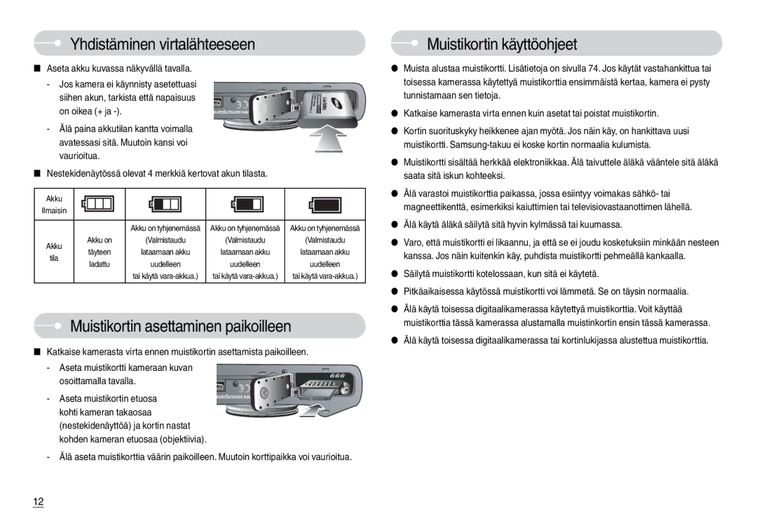 Samsung EC-L74WZSBC/E2, EC-L74WZSBA/DE, EC-L74WZBBA/DE manual Muistikortin asettaminen paikoilleen, Muistikortin käyttöohjeet 