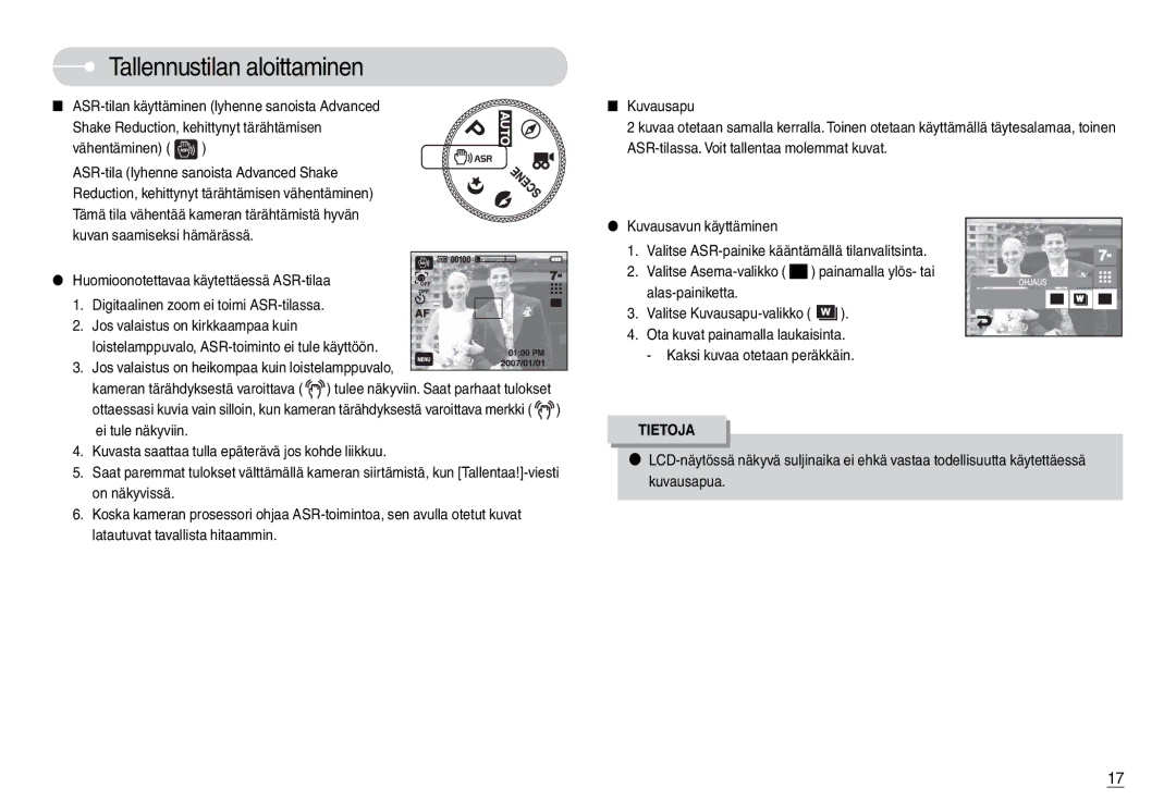 Samsung EC-L74WZSBA/DE, EC-L74WZBBA/DE, EC-L74WZBBA/DK, EC-L74WZBBB/E2, EC-L74WZSBC/E2 manual Tallennustilan aloittaminen 