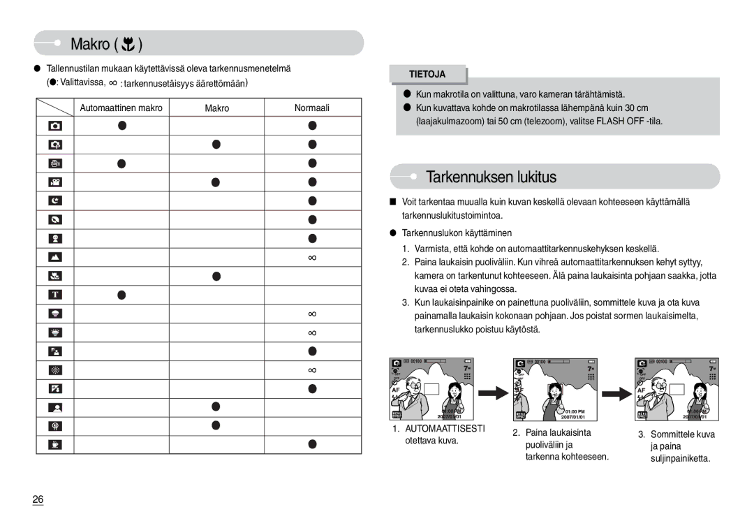 Samsung EC-L74WZSBA/DE, EC-L74WZBBA/DE, EC-L74WZBBA/DK, EC-L74WZBBB/E2, EC-L74WZSBC/E2, EC-L74WZBBC/E2 Tarkennuksen lukitus 