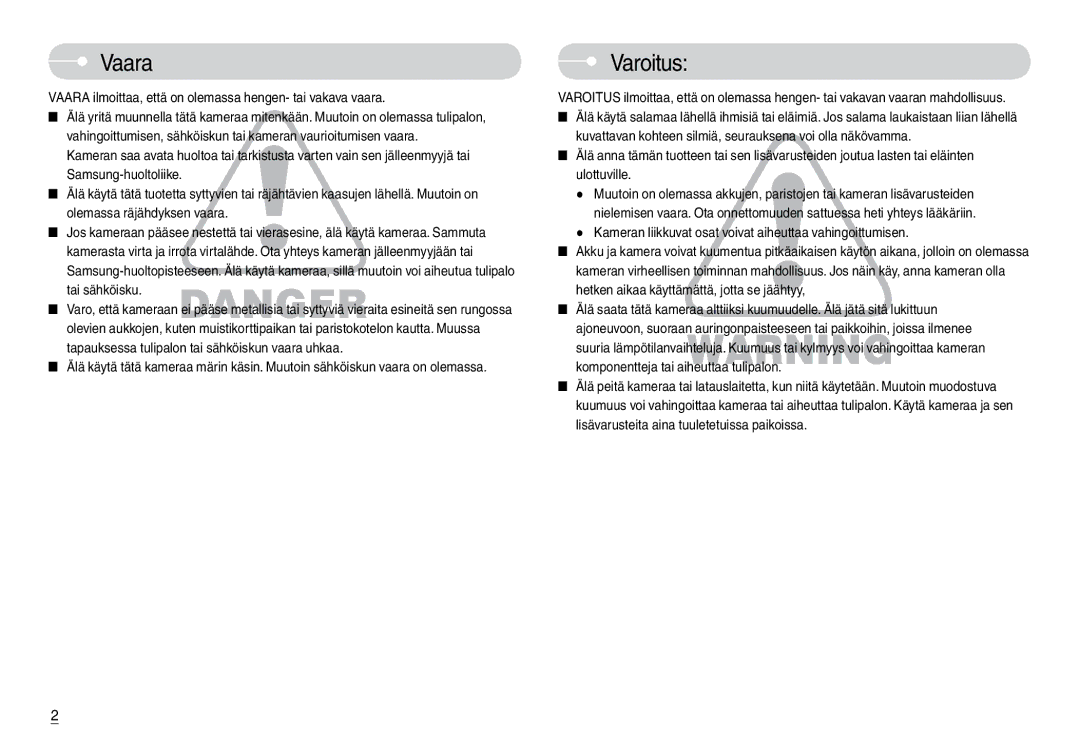 Samsung EC-L74WZBBB/E2, EC-L74WZSBA/DE manual Varoitus, Vaara ilmoittaa, että on olemassa hengen- tai vakava vaara 