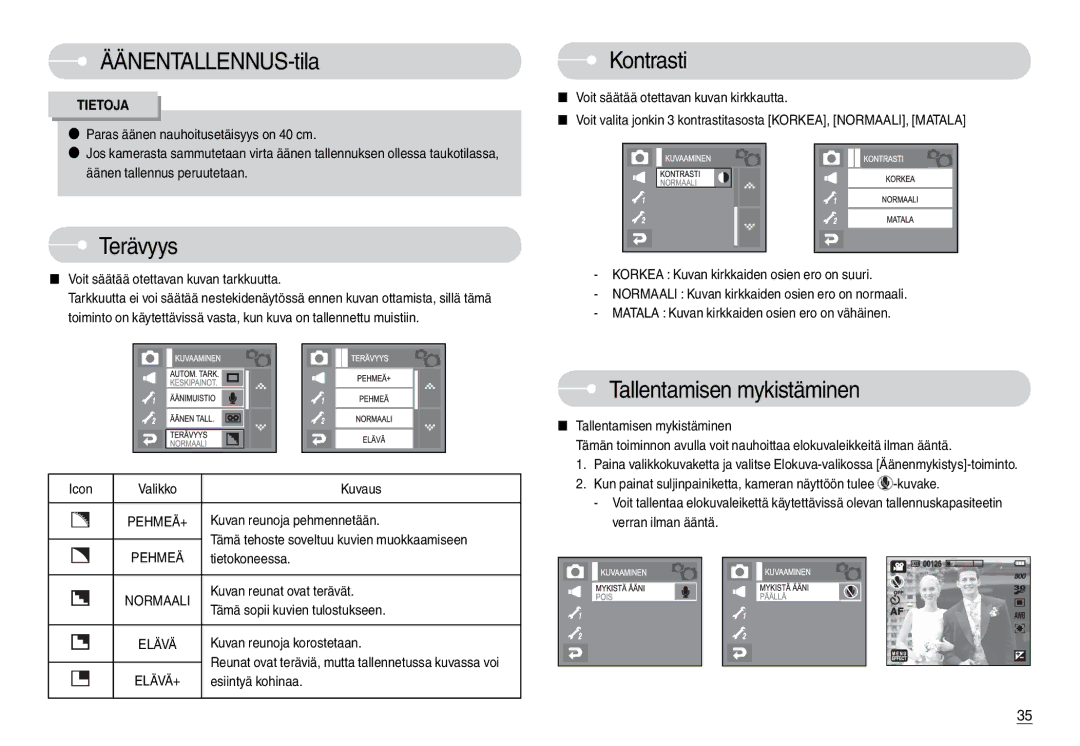 Samsung EC-L74WZSBA/DE, EC-L74WZBBA/DE, EC-L74WZBBA/DK, EC-L74WZBBB/E2 manual Terävyys, Kontrasti, Tallentamisen mykistäminen 