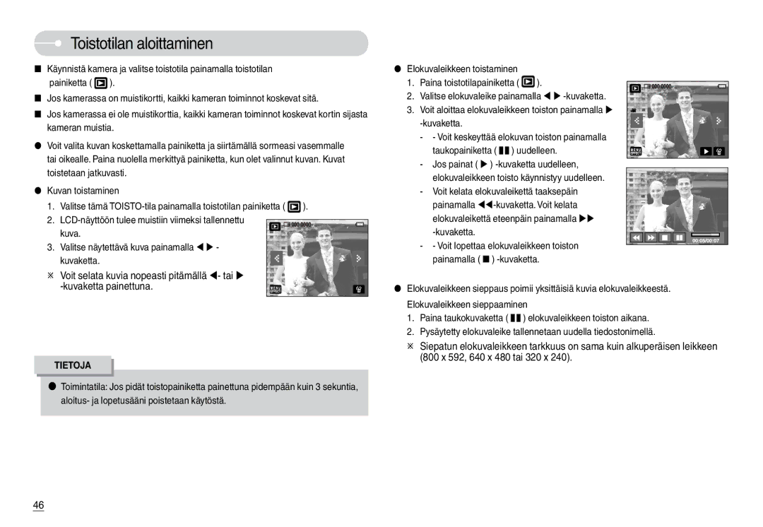 Samsung EC-L74WZBBA/DK, EC-L74WZSBA/DE manual Toistotilan aloittaminen, Elokuvaleikettä eteenpäin painamalla XX -kuvaketta 