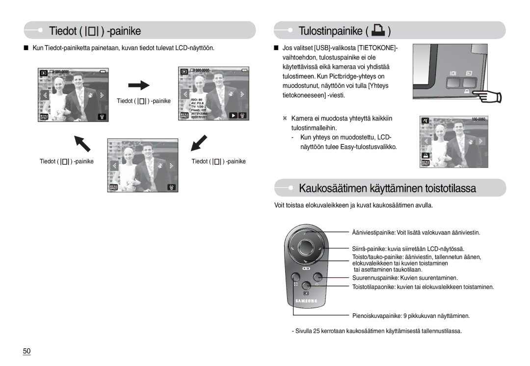 Samsung EC-L74WZSBA/FI, EC-L74WZSBA/DE, EC-L74WZBBA/DE manual Tulostinpainike, Kaukosäätimen käyttäminen toistotilassa 