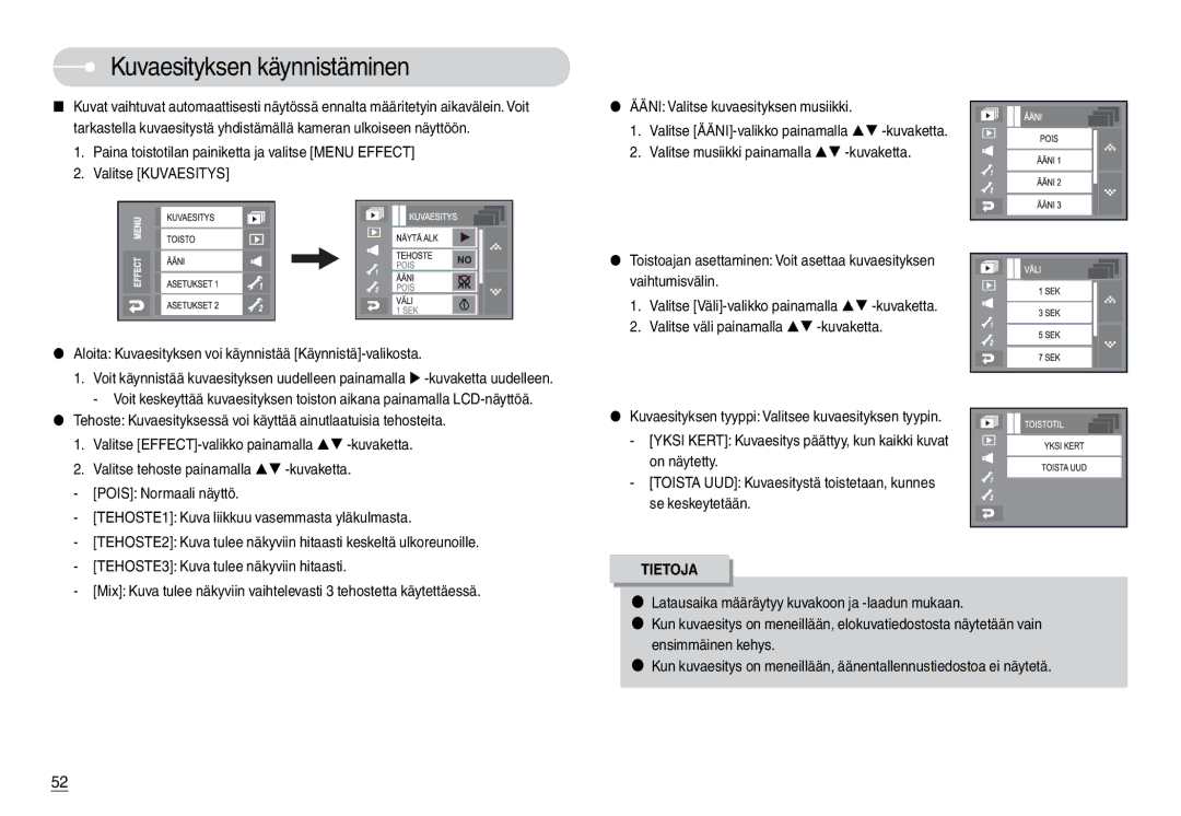 Samsung EC-L74WZBBA/FI, EC-L74WZSBA/DE, EC-L74WZBBA/DE, EC-L74WZBBA/DK, EC-L74WZBBB/E2 manual Kuvaesityksen käynnistäminen 