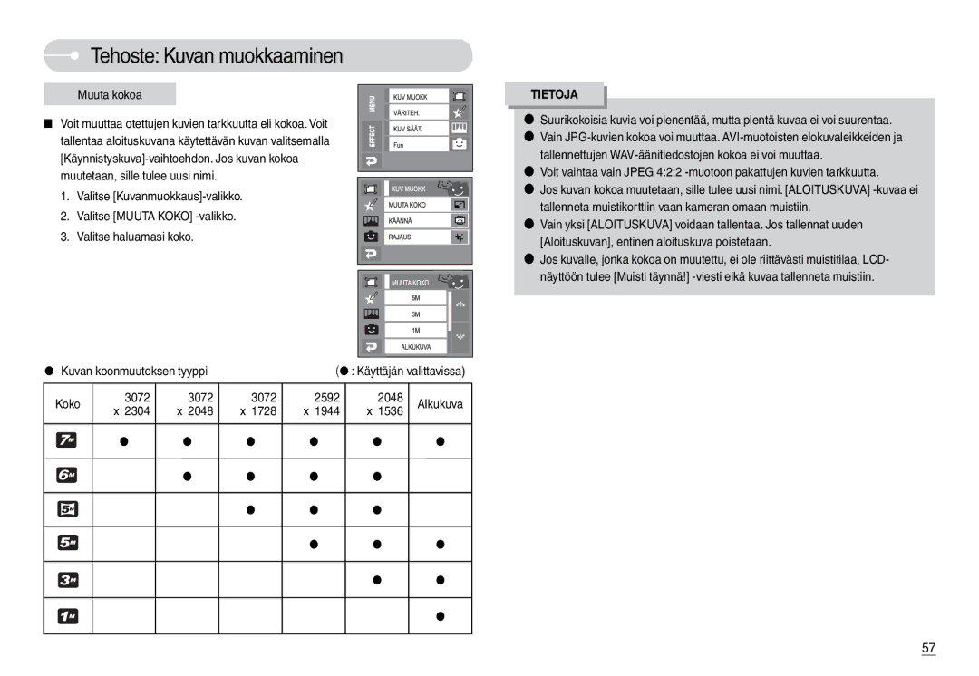 Samsung EC-L74WZSBC/E2 manual Tehoste Kuvan muokkaaminen, Muuta kokoa, Koko 3072 2592 2048, 2304 2048 1728 1944 1536 