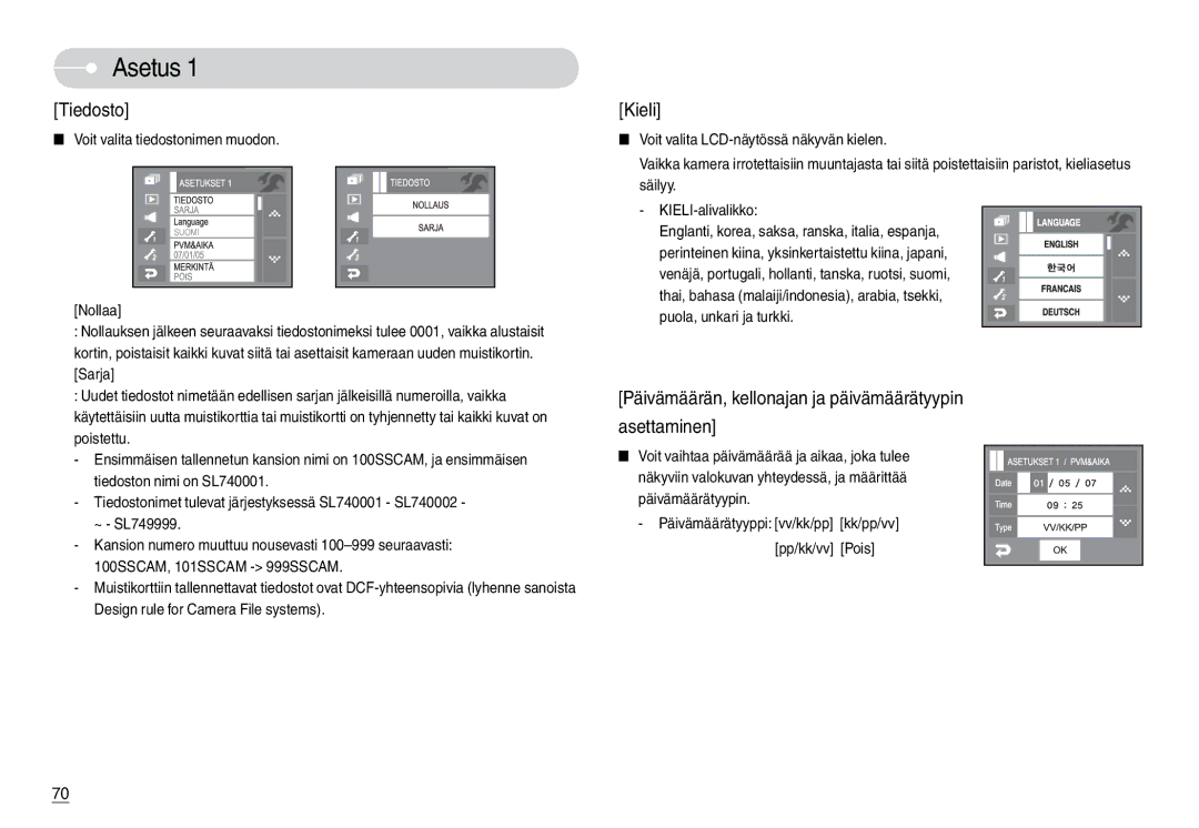 Samsung EC-L74WZBBA/FI, EC-L74WZSBA/DE, EC-L74WZBBA/DE manual Asetus, Päivämäärätyyppi vv/kk/pp kk/pp/vv Pp/kk/vv Pois 