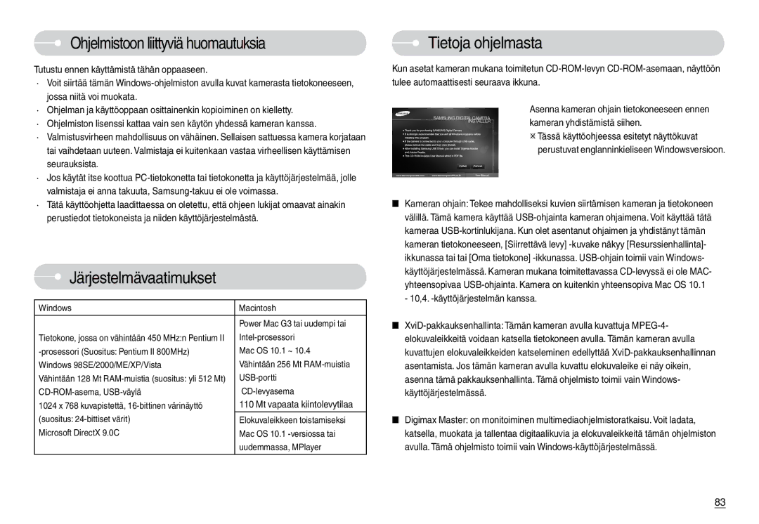 Samsung EC-L74WZBBB/E2, EC-L74WZSBA/DE Ohjelmistoon liittyviä huomautuksia, Järjestelmävaatimukset, Tietoja ohjelmasta 