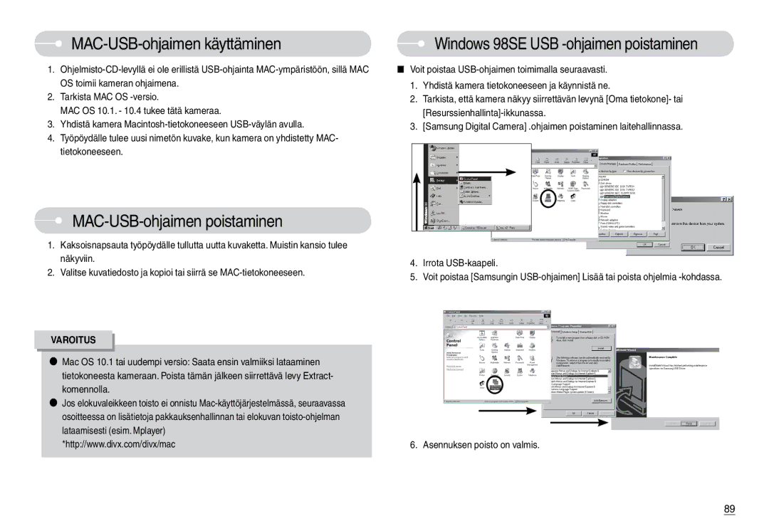 Samsung EC-L74WZSBA/DE MAC-USB-ohjaimen käyttäminen, MAC-USB-ohjaimen poistaminen, Windows 98SE USB -ohjaimen poistaminen 