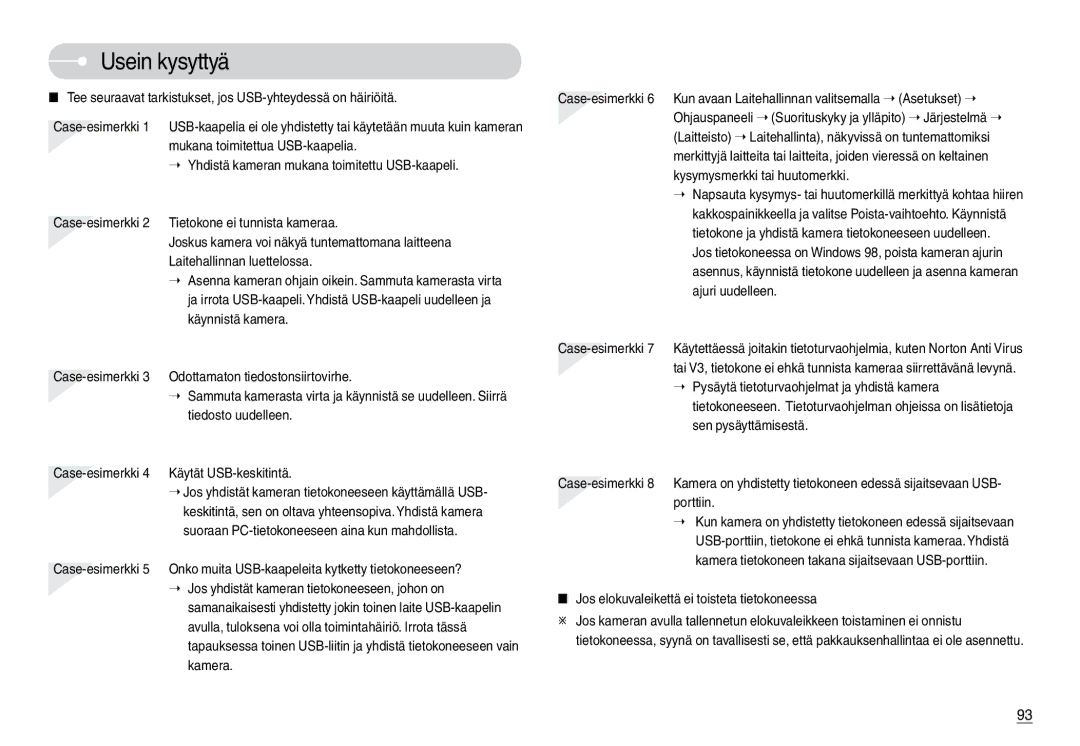 Samsung EC-L74WZSBC/E2, EC-L74WZSBA/DE, EC-L74WZBBA/DE manual Usein kysyttyä, Jos elokuvaleikettä ei toisteta tietokoneessa 