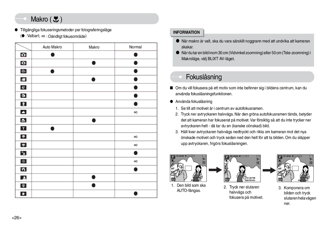 Samsung EC-L74WZSBA/DE manual Fokuslåsning, Auto Makro Normal, Komponera om bilden och tryck slutaren hela vägen ner 