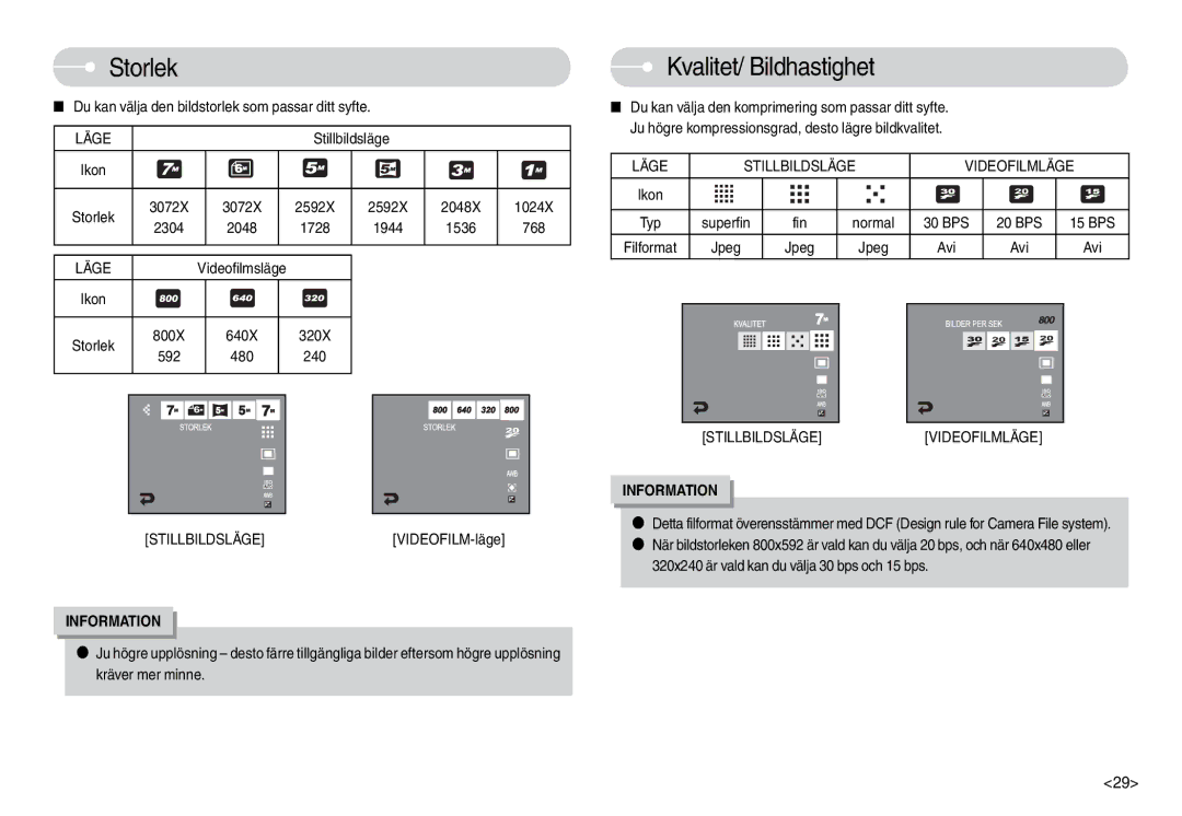 Samsung EC-L74WZBBB/E2 manual Storlek, Du kan välja den bildstorlek som passar ditt syfte, Stillbildsläge, 592 480 240 