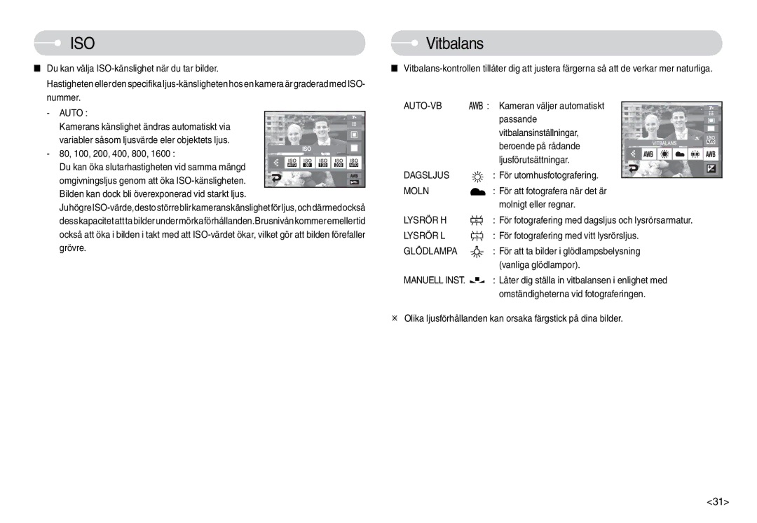 Samsung EC-L74WZBBC/E2, EC-L74WZSBA/DE, EC-L74WZBBA/DE, EC-L74WZBBA/DK, EC-L74WZBBB/E2, EC-L74WZSBC/E2 manual Vitbalans 