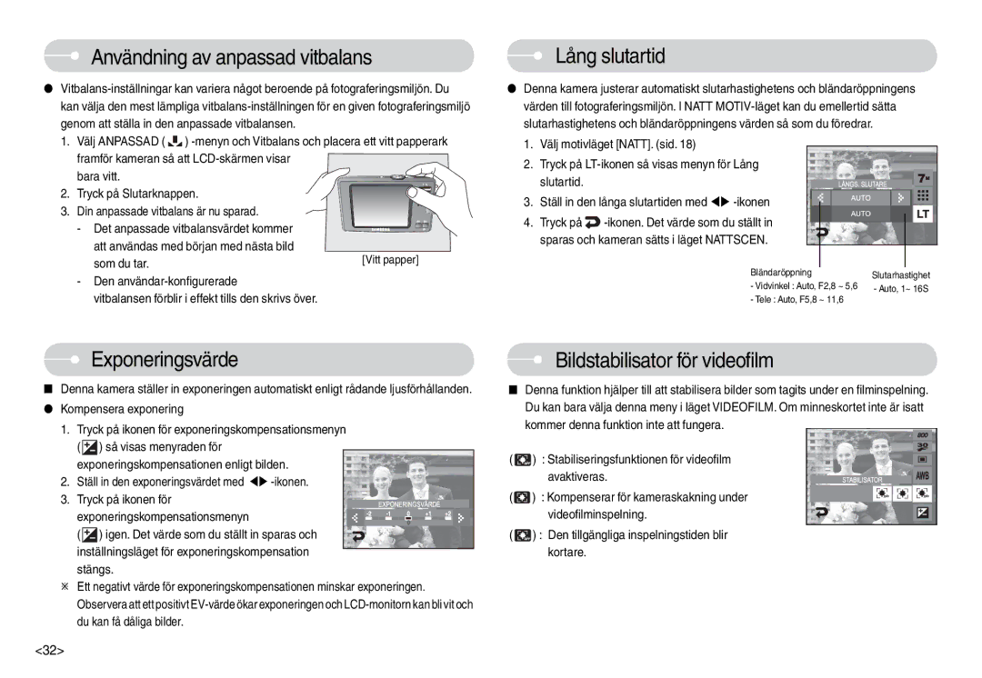 Samsung EC-L74WZSBA/FI Användning av anpassad vitbalans, Lång slutartid, Exponeringsvärde, Bildstabilisator för videofilm 