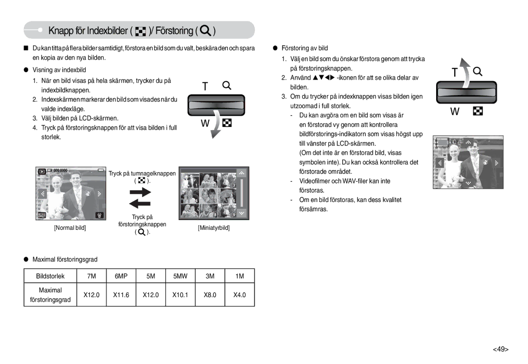 Samsung EC-L74WZBBC/E2, EC-L74WZSBA/DE manual Knapp för Indexbilder / Förstoring, Maximal förstoringsgrad Bildstorlek 