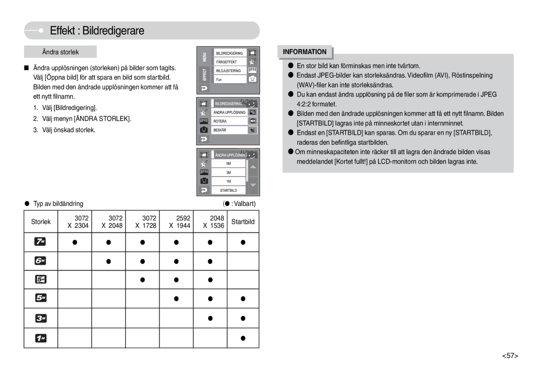 Samsung EC-L74WZSBC/E2 manual Effekt Bildredigerare, Ändra storlek, Storlek 3072 2592 2048, 2304 2048 1728 1944 1536 