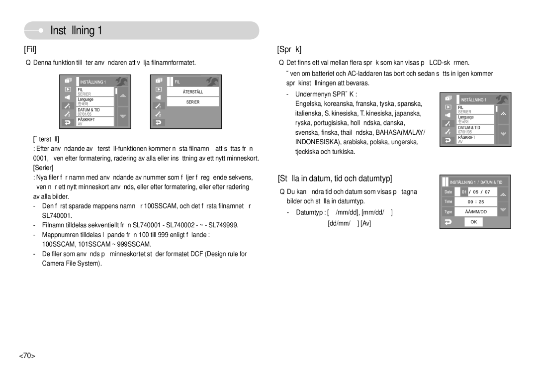 Samsung EC-L74WZBBA/FI, EC-L74WZSBA/DE, EC-L74WZBBA/DE, EC-L74WZBBA/DK Inställning, Datumtyp åå/mm/dd, mm/dd/åå Dd/mm/åå Av 